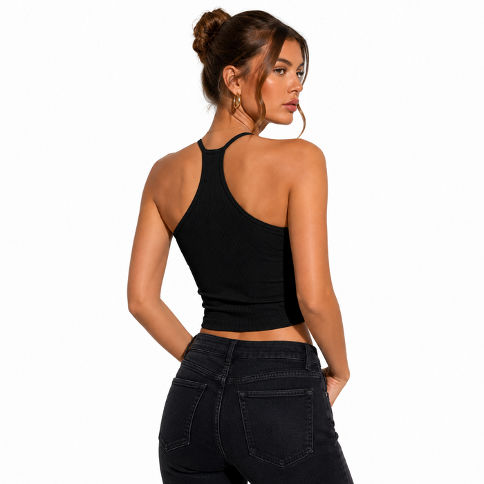 Back view of black open back halter tank top for summer outfits