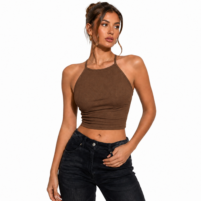 Grey halter crop top for women with sleek ribbed fabric