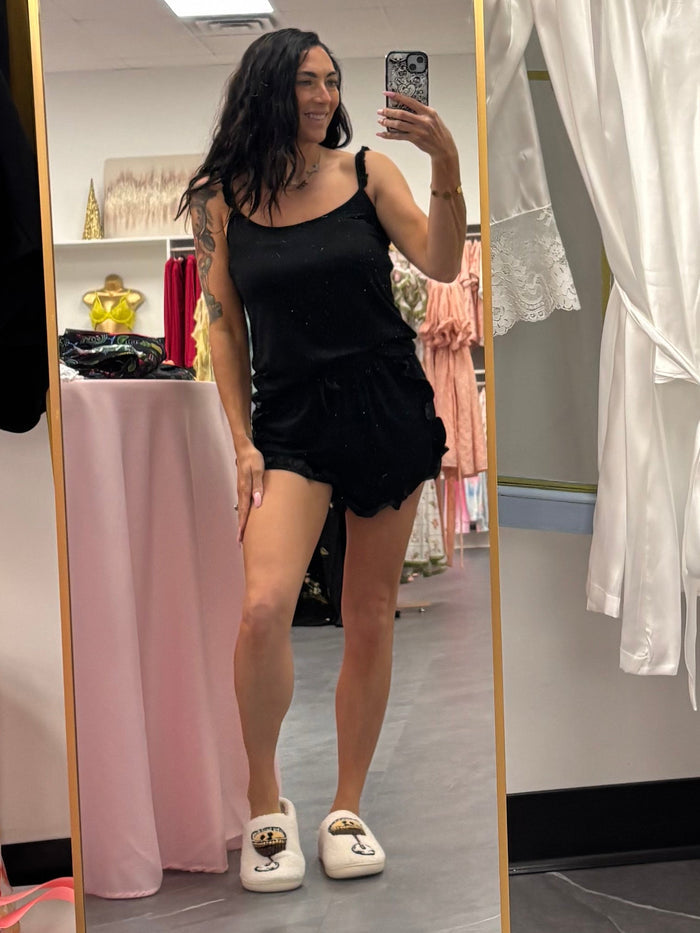 Bamboo Frill Cami Short Pajama Set - Black - Intimate Whispers