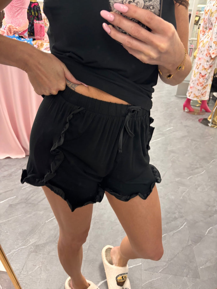 Bamboo Frill Cami Short Pajama Set - Black - Intimate Whispers