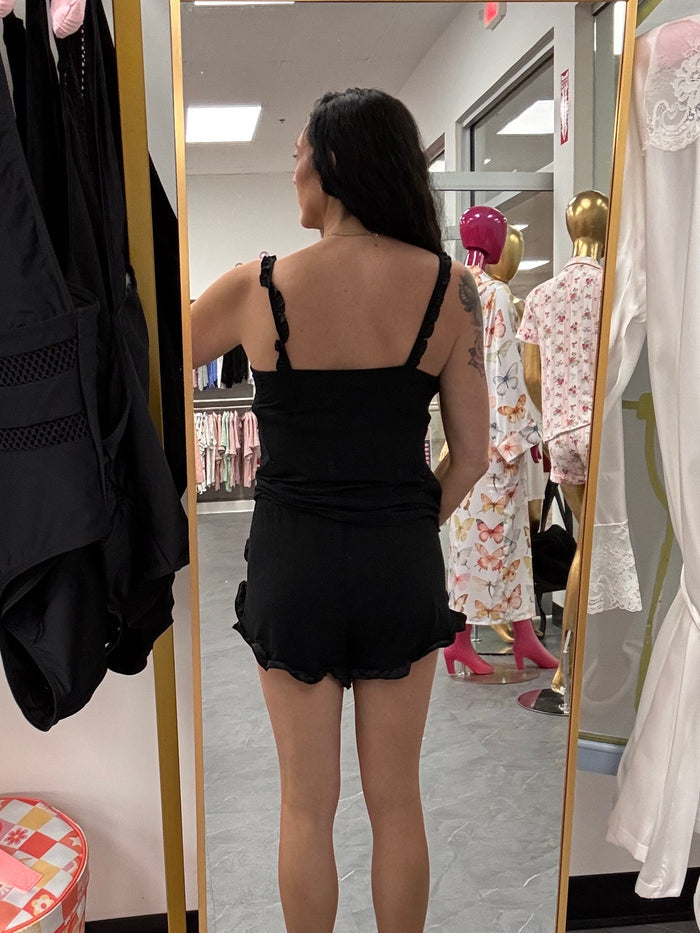 Bamboo Frill Cami Short Pajama Set - Black - Intimate Whispers