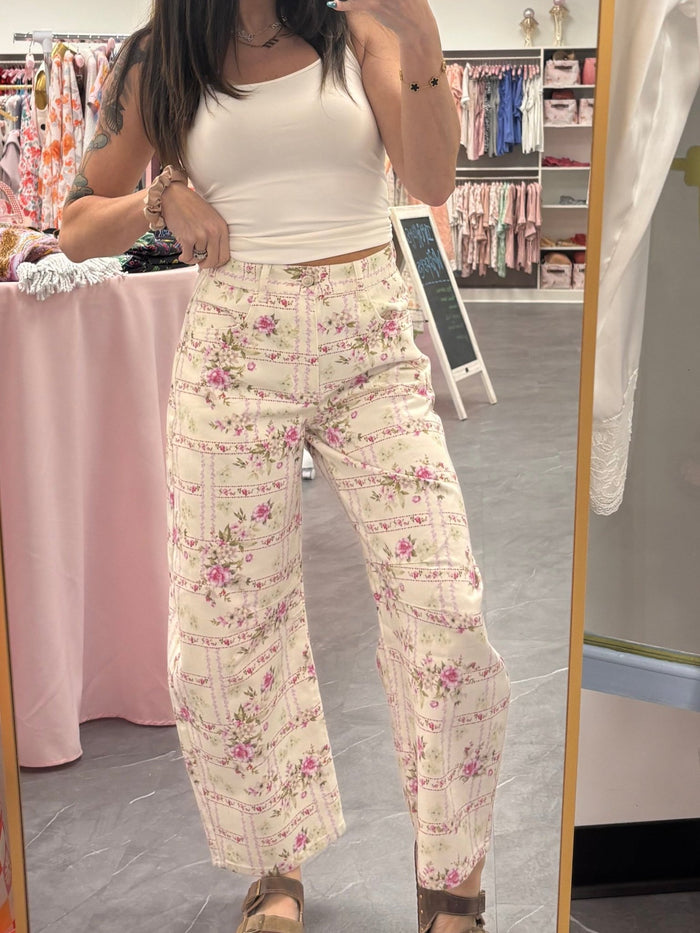 Barrel Denim Jeans - Floral Stripe Flower Print - Intimate Whispers