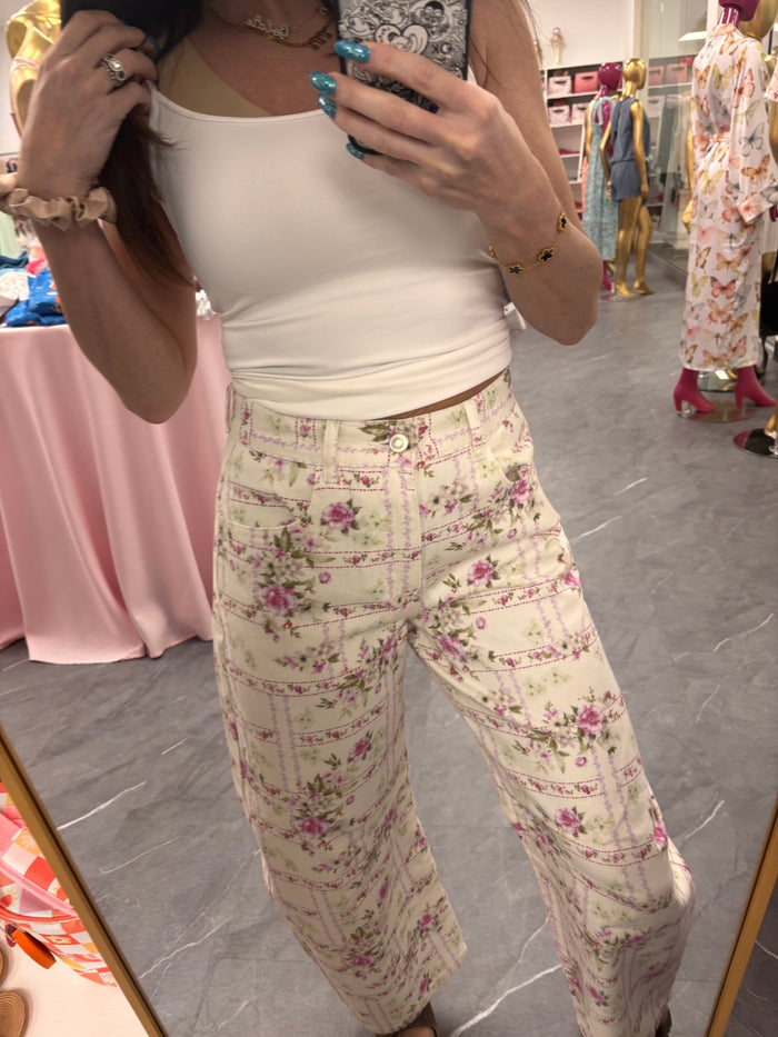 Barrel Denim Jeans - Floral Stripe Flower Print - Intimate Whispers