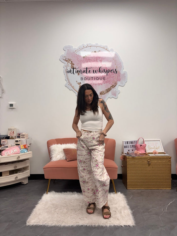 Barrel Denim Jeans - Floral Stripe Flower Print - Intimate Whispers
