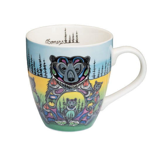 Colorful mug with bear design and 'Somers' branding on a white background