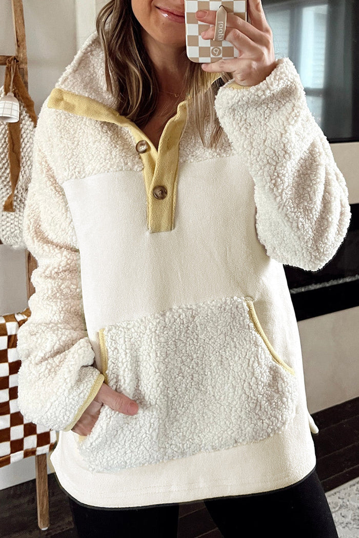 Beige Fleece Colourblock Trim Buttons Collar Sweatshirt with Pocket - BEIGE / S / 100% POLYESTER - Tops/Sweatshirts &
