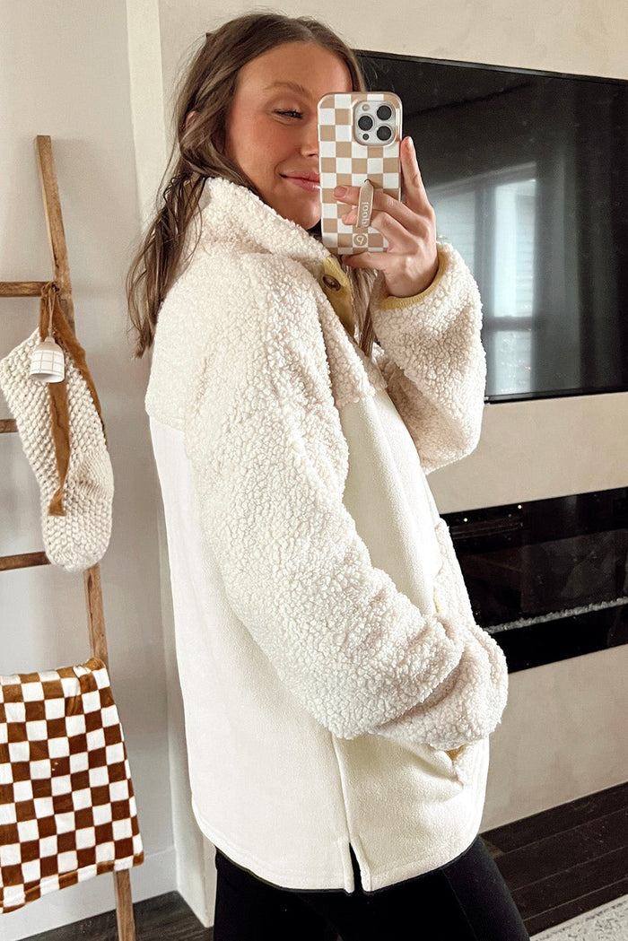 Beige Fleece Colourblock Trim Buttons Collar Sweatshirt with Pocket - Tops/Sweatshirts & Hoodies