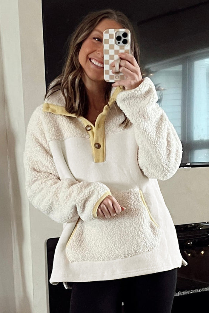 Beige Fleece Colourblock Trim Buttons Collar Sweatshirt with Pocket - Tops/Sweatshirts & Hoodies