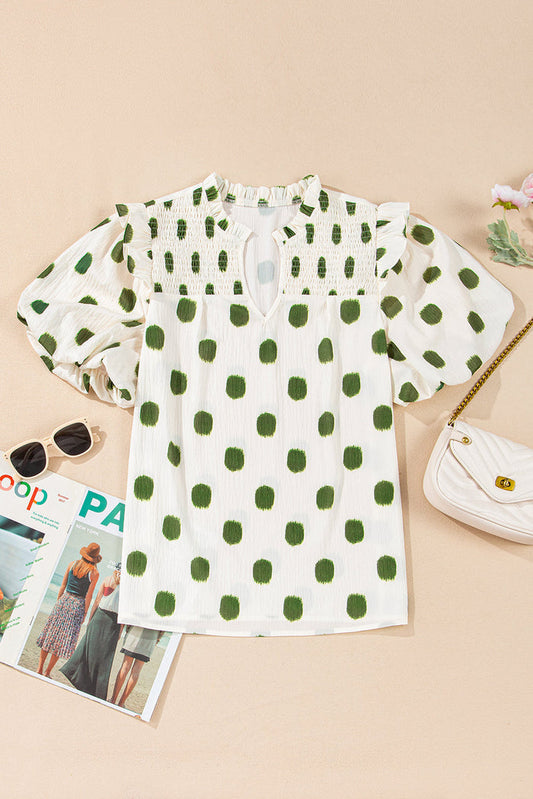 Beige Polka Dot Print Shirred Yoke Notched Neck Balloon Sleeve Blouse - Apricot / S / 100% Polyester - Tops/Blouses &