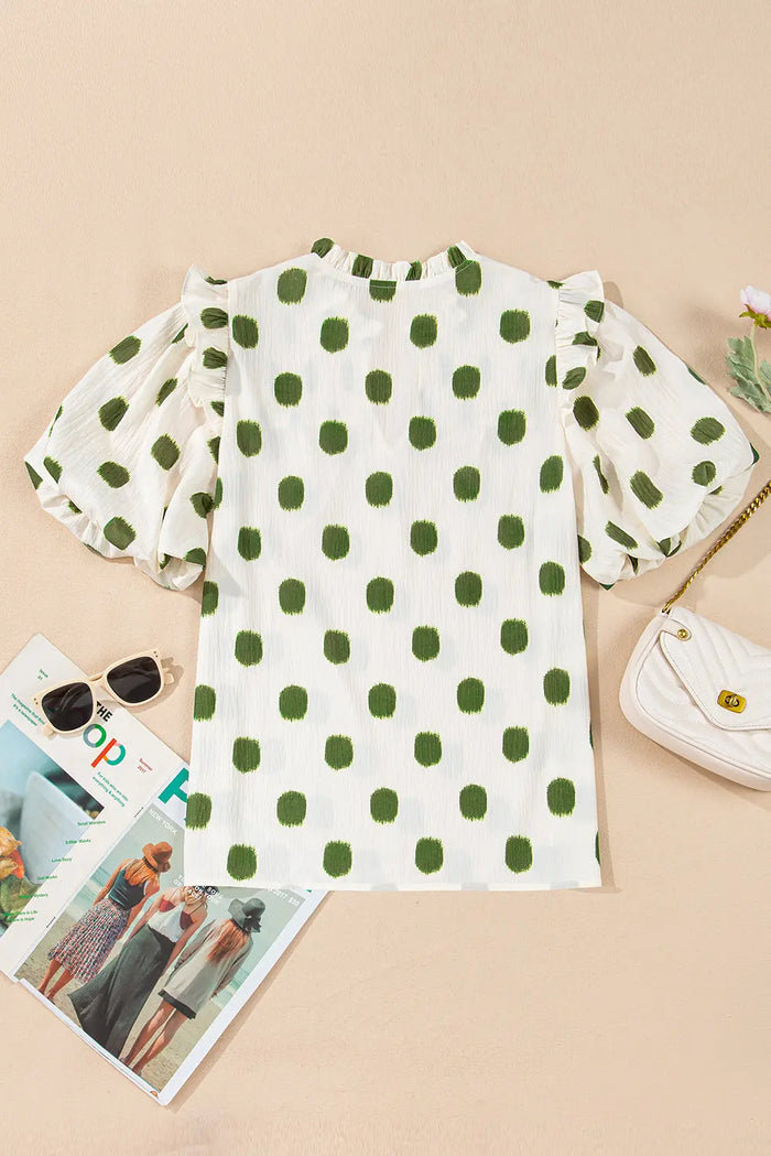 Beige Polka Dot Print Shirred Yoke Notched Neck Balloon Sleeve Blouse - Tops/Blouses & Shirts