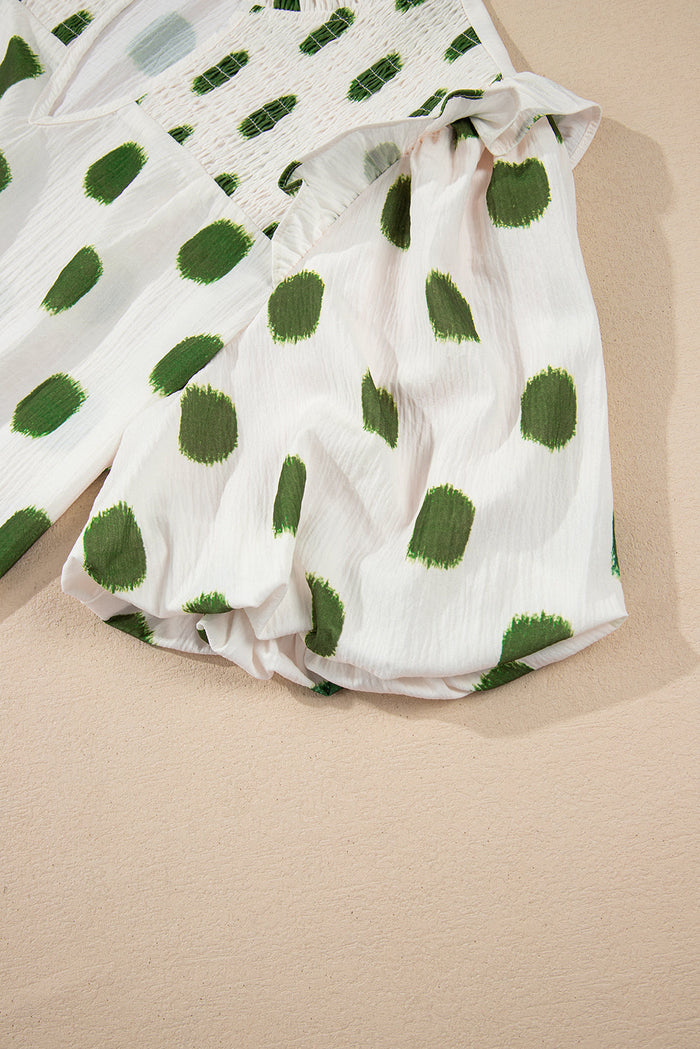 Beige Polka Dot Print Shirred Yoke Notched Neck Balloon Sleeve Blouse - Tops/Blouses & Shirts