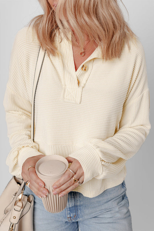 Beige Ribbed Texture Lantern Sleeve Buttons Henley Sweatshirt - APRICOT / S / 75% POLYESTER + 20% VISCOSE + 5% ELASTANE