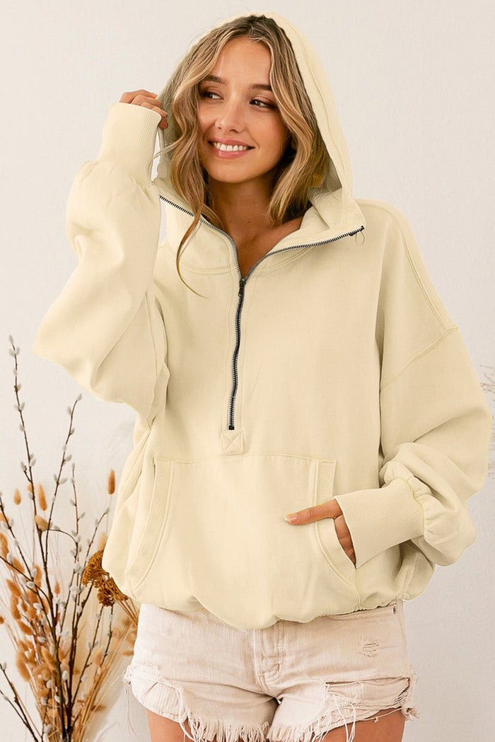 Beige Ribbed Trim Kangaroo Pocket Zipped Hoodie - Tops/Sweatshirts & Hoodies
