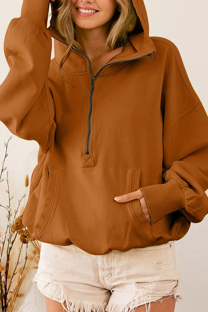 Beige Ribbed Trim Kangaroo Pocket Zipped Hoodie - BROWN-2 / S / 50% POLYESTER + 50% COTTON - Tops/Sweatshirts & Hoodies