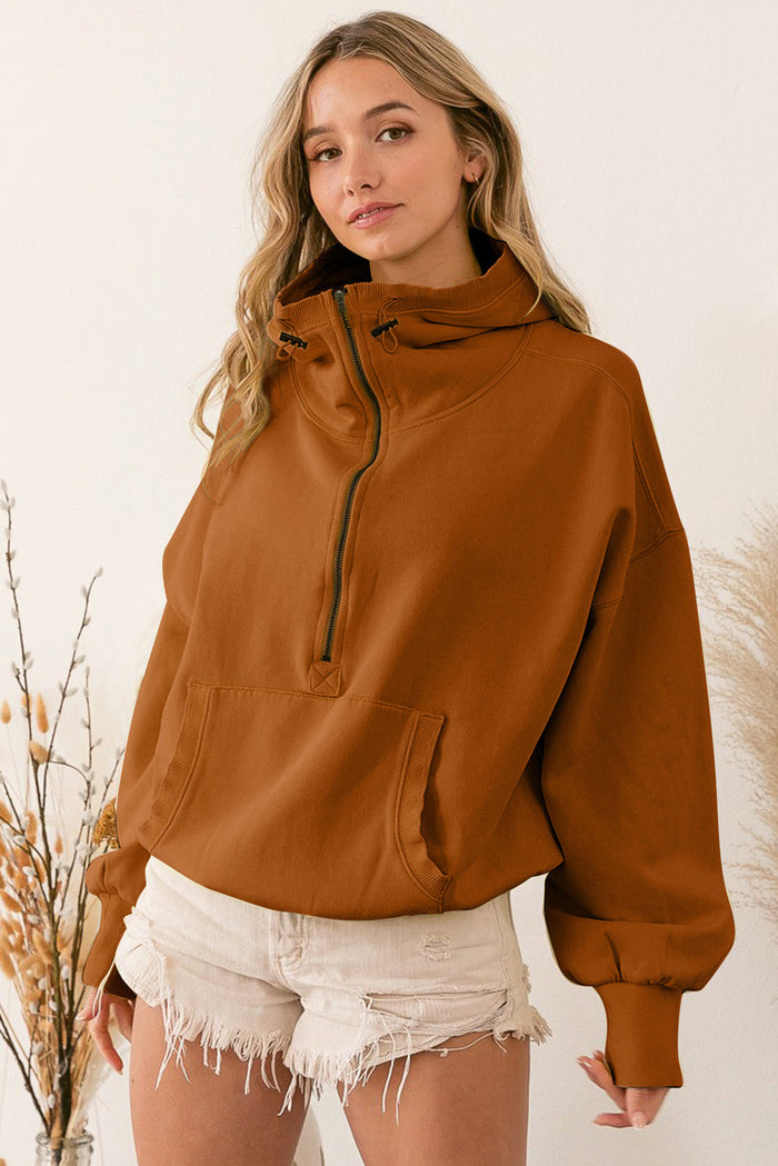 Beige Ribbed Trim Kangaroo Pocket Zipped Hoodie - Tops/Sweatshirts & Hoodies