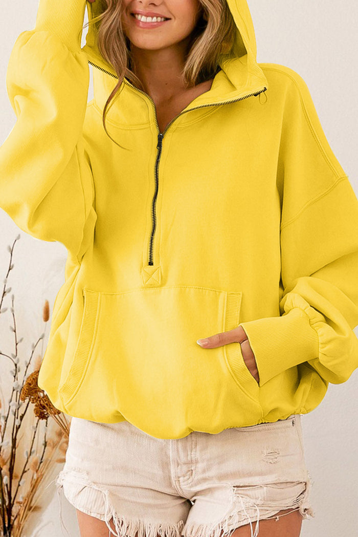 Beige Ribbed Trim Kangaroo Pocket Zipped Hoodie - YELLOW / S / 50% POLYESTER + 50% COTTON - Tops/Sweatshirts & Hoodies