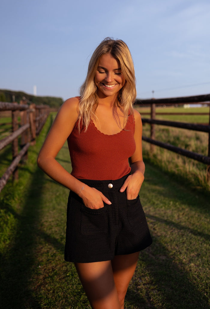 Black Adrian tweed-effect shorts, full length styling