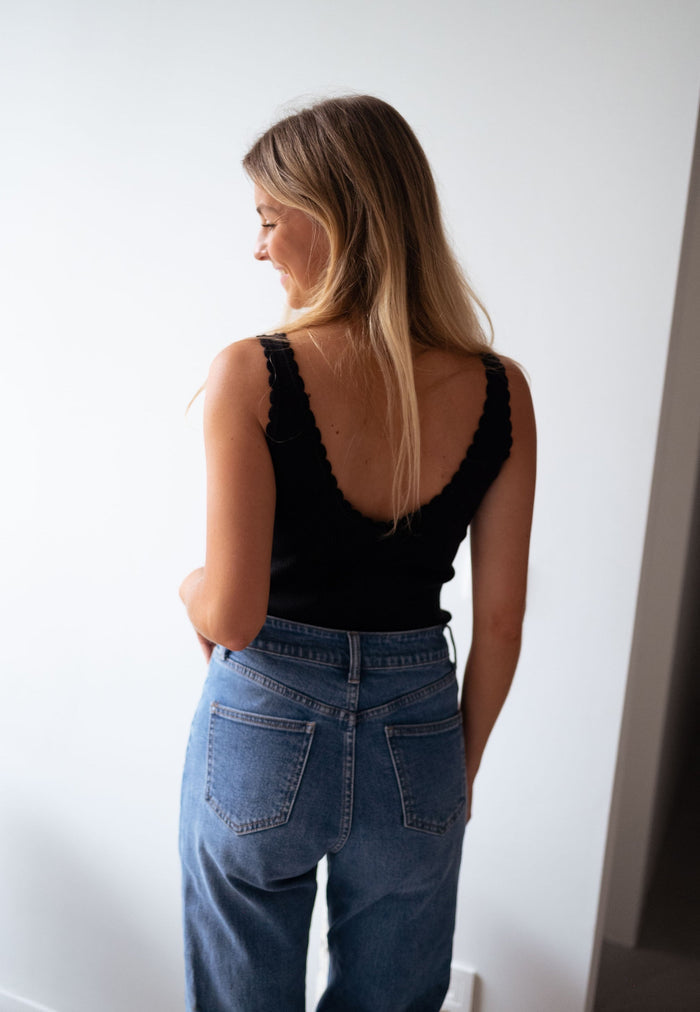 Woman wearing black ribbed tank
