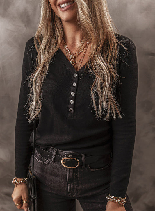 Black Buttoned V Neck Long Sleeve Ribbed Top - BLACK / S / 65% COTTON + 33% POLYESTER + 2% ELASTANE - Tops/Long Tops
