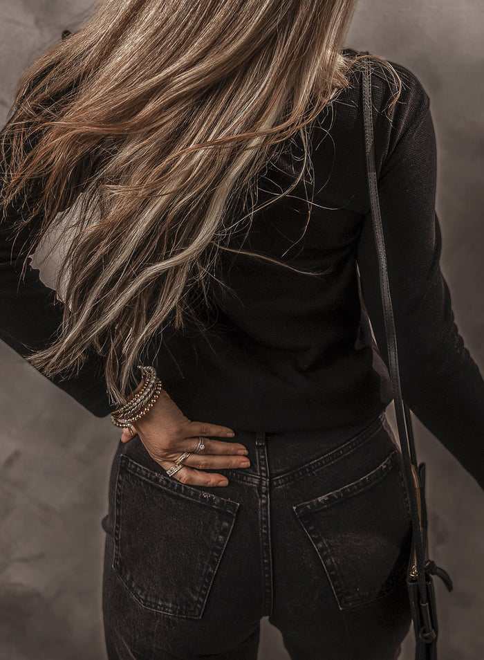 Black Buttoned V Neck Long Sleeve Ribbed Top - Tops/Long Tops