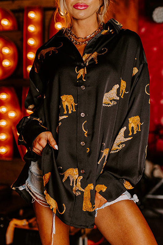 Black Cheetah Animal Print Button Up Satin Shirt - Tops/Blouses & Shirts
