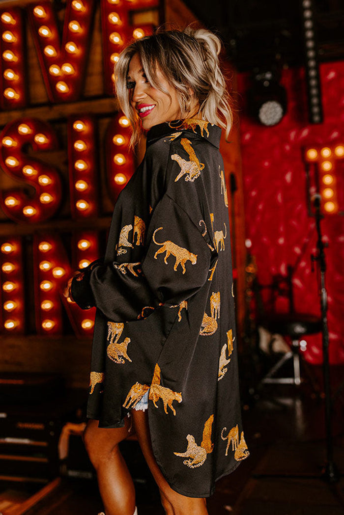 Black Cheetah Animal Print Button Up Satin Shirt - Tops/Blouses & Shirts