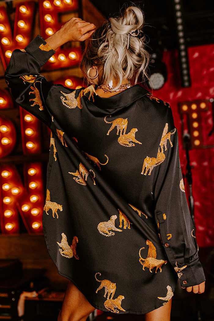 Black Cheetah Animal Print Button Up Satin Shirt - Tops/Blouses & Shirts