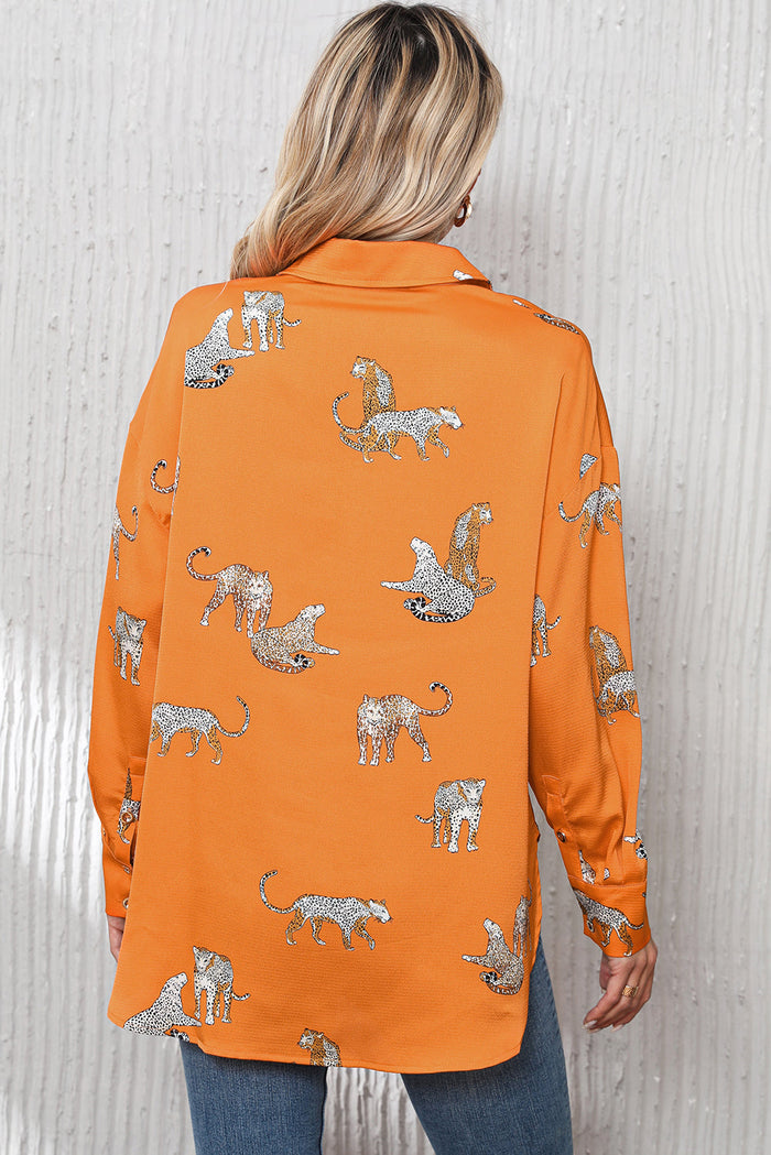 Black Cheetah Animal Print Button Up Satin Shirt - Tops/Blouses & Shirts