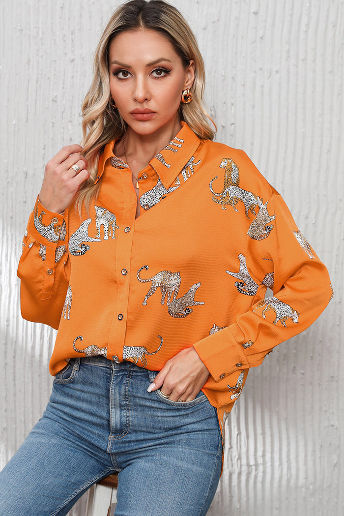 Black Cheetah Animal Print Button Up Satin Shirt - Tops/Blouses & Shirts