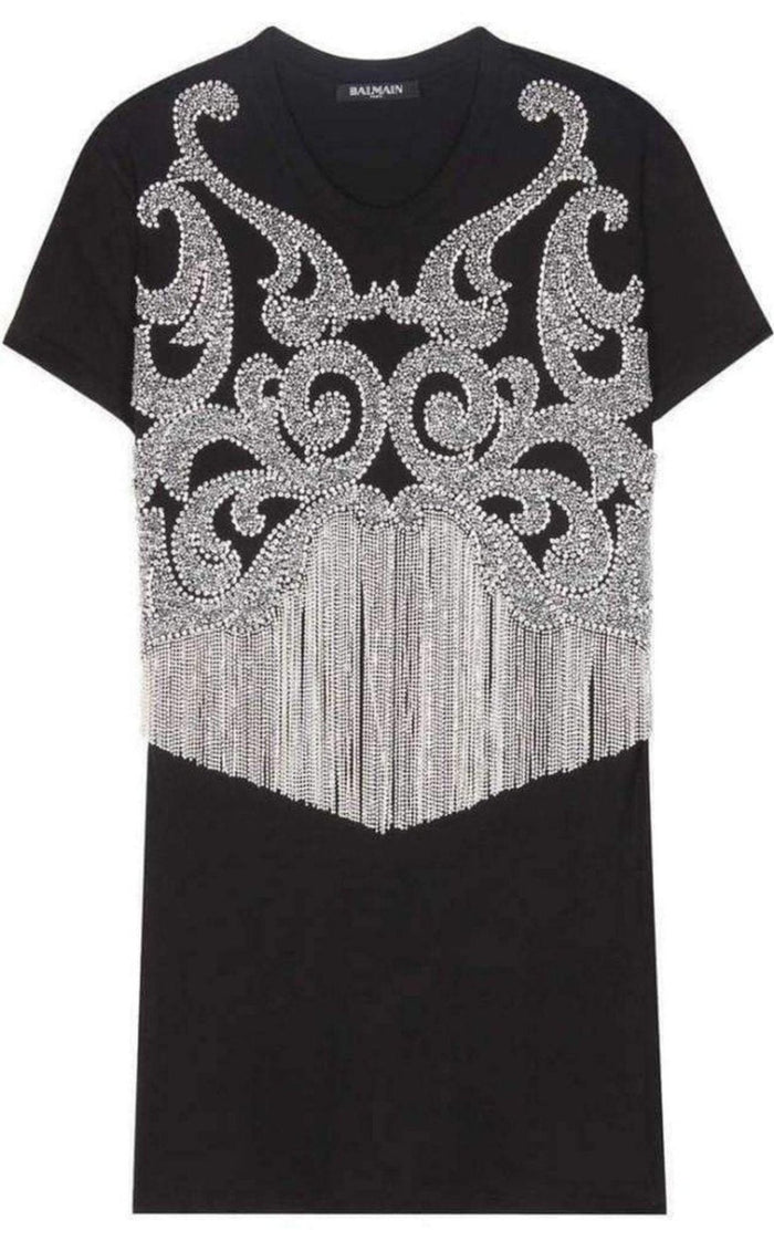 Balmain Crystal And Beads Fringe Black Cotton Shirt - Runway Catalog