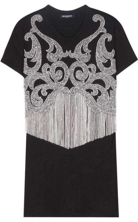 Balmain Crystal And Beads Fringe Black Cotton Shirt - Runway Catalog