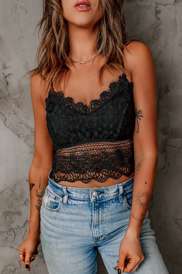 Black Lace Bralette Crop Top - BLACK / S / 95% POLYESTER + 5% ELASTANE - Tops/Crop Tops
