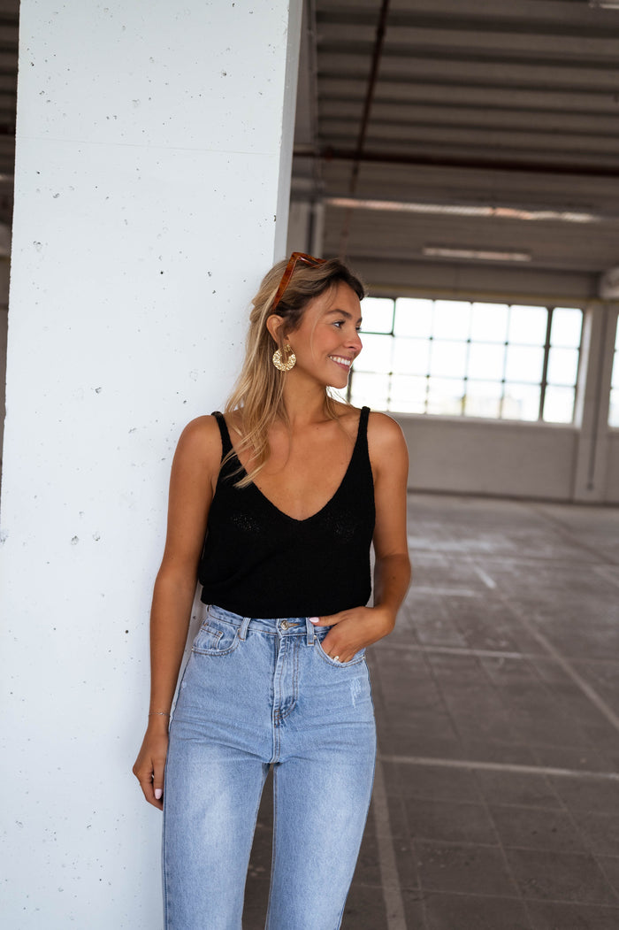 Black Neda knit cami showing V-neck and thin straps