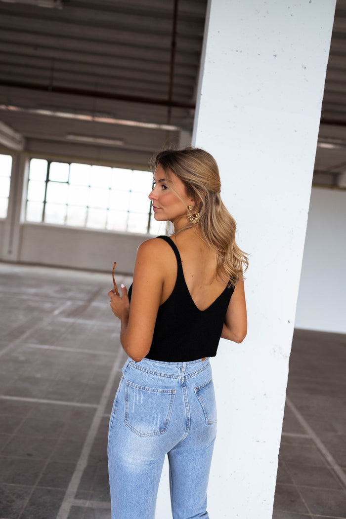 Black Neda wool-effect top detail