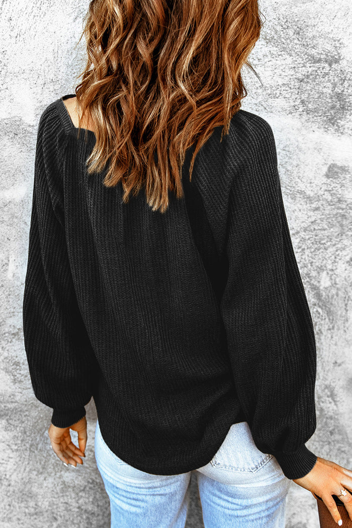 Black Scoop Neck Puff Sleeve Waffle Knit Top - Tops/Long Tops