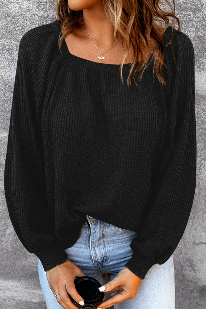 Black Scoop Neck Puff Sleeve Waffle Knit Top - Tops/Long Tops
