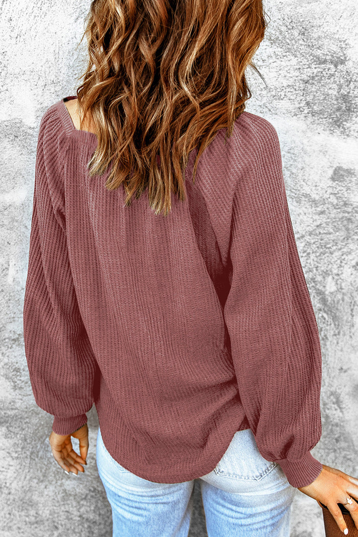 Black Scoop Neck Puff Sleeve Waffle Knit Top - Tops/Long Tops