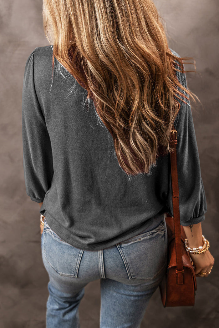 Black Solid Colour 3/4 Sleeve Round Neck Blouse - Tops/Long Tops