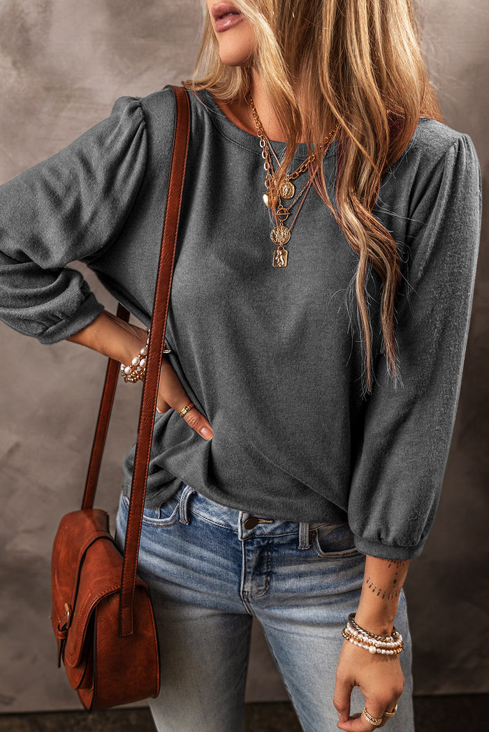 Black Solid Colour 3/4 Sleeve Round Neck Blouse - Tops/Long Tops