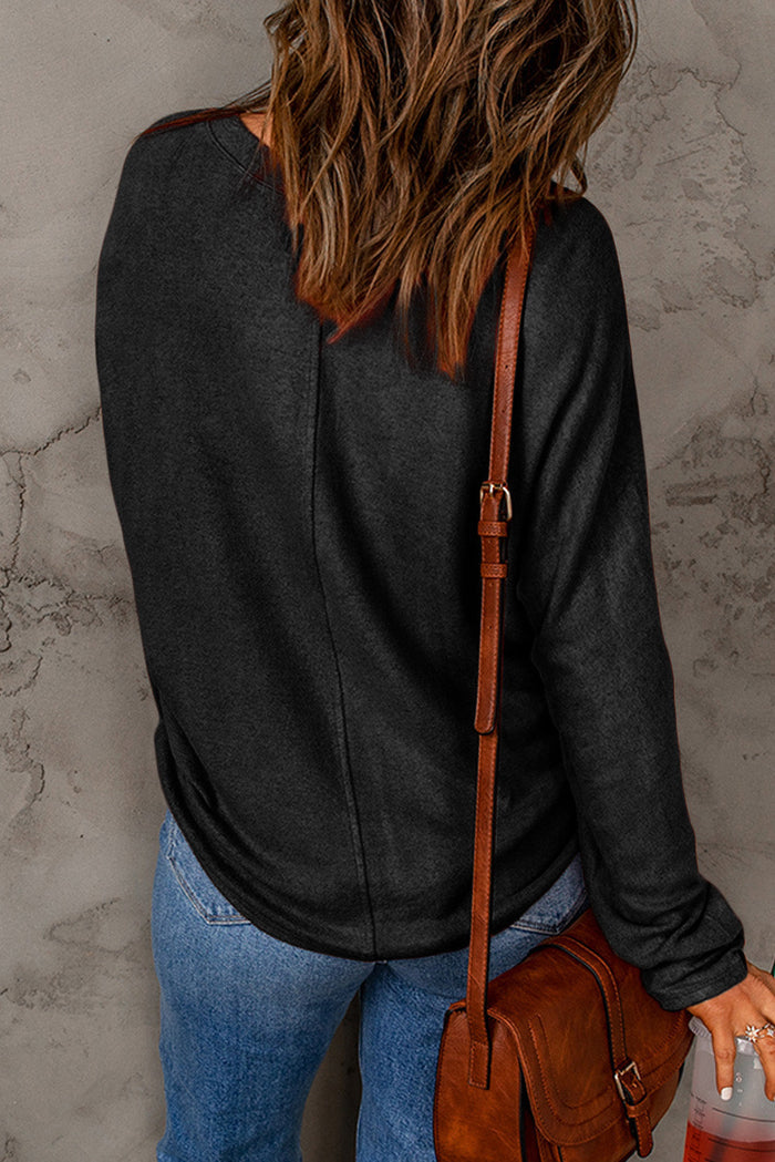 Black Solid Colour Patchwork Long Sleeve Top - Tops/Long Tops