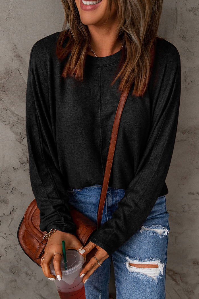 Black Solid Colour Patchwork Long Sleeve Top - Tops/Long Tops