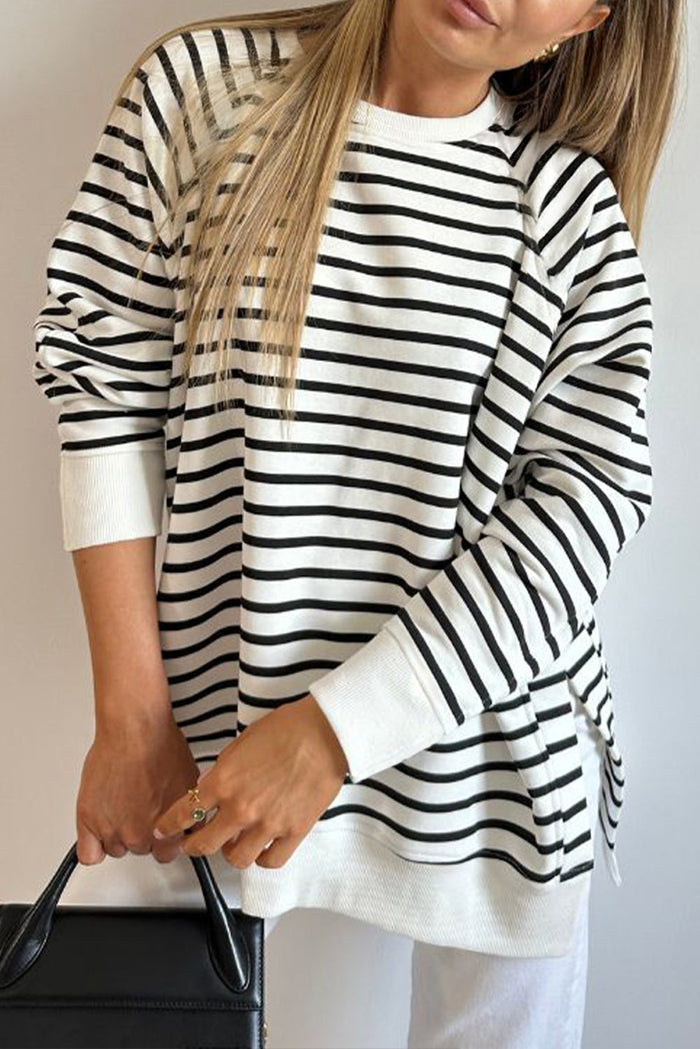 Black Stripe Raglan Sleeve Side Slits Loose Sweatshirt - Tops/Sweatshirts & Hoodies