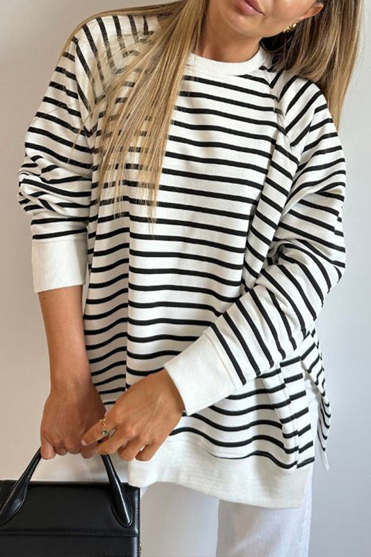 Black Stripe Raglan Sleeve Side Slits Loose Sweatshirt - Tops/Sweatshirts & Hoodies