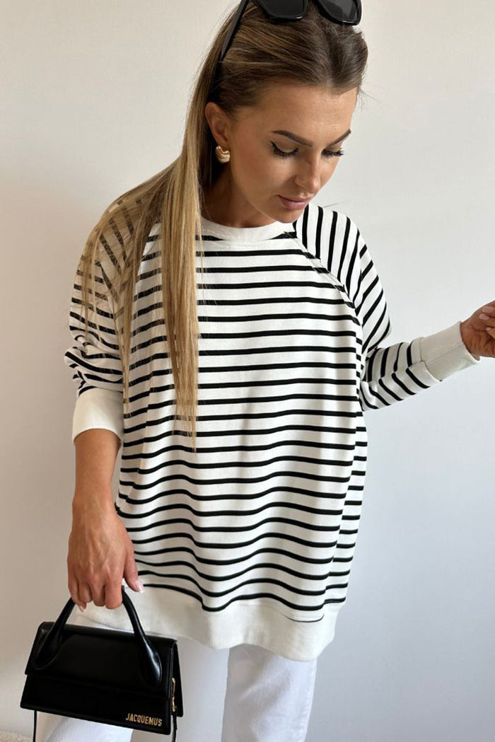 Black Stripe Raglan Sleeve Side Slits Loose Sweatshirt - Tops/Sweatshirts & Hoodies