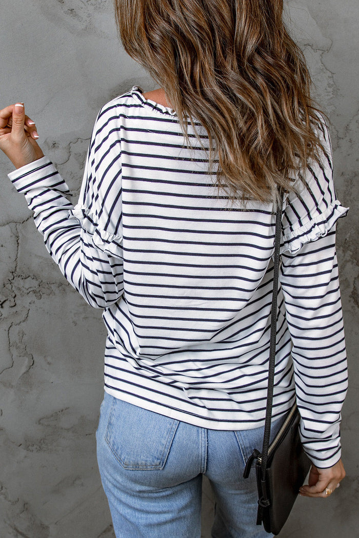 Black Striped Print Ruffled Buttoned Long Sleeve Top - Tops/Long Tops