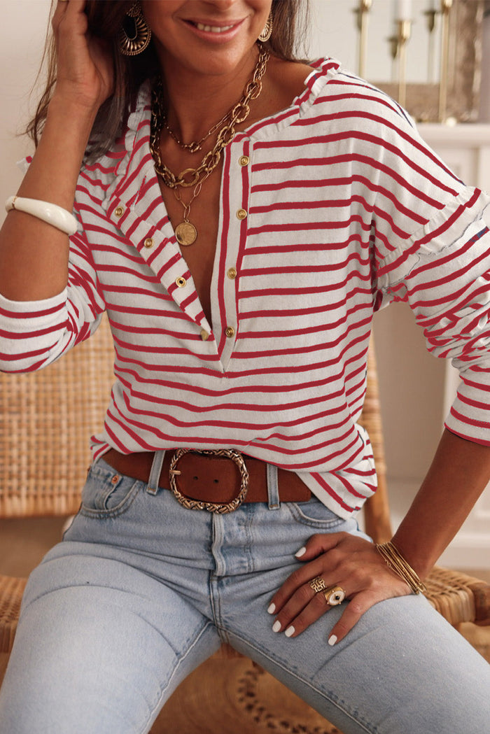 Black Striped Print Ruffled Buttoned Long Sleeve Top - RED / S / 50% POLYESTER + 45% VISCOSE + 5% ELASTANE - Tops/Long