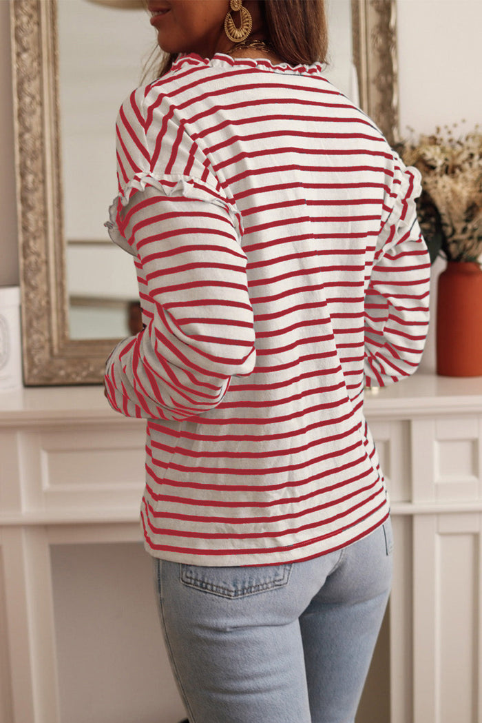 Black Striped Print Ruffled Buttoned Long Sleeve Top - Tops/Long Tops