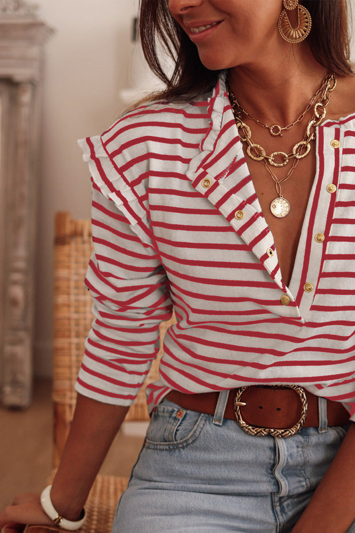 Black Striped Print Ruffled Buttoned Long Sleeve Top - Tops/Long Tops
