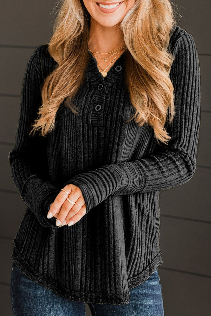 Black V Neck Buttoned Ribbed Knit Top - Tops/Long Sleeve Tops