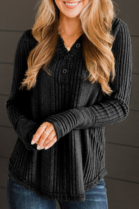 Black V Neck Buttoned Ribbed Knit Top - Tops/Long Sleeve Tops